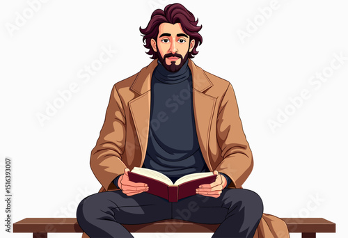 Scholarly Arab Student Vector: Burgundy Hair, Camel Overcoat & Lost in a Book - Detailed Character Illustration, Isolated on White.
