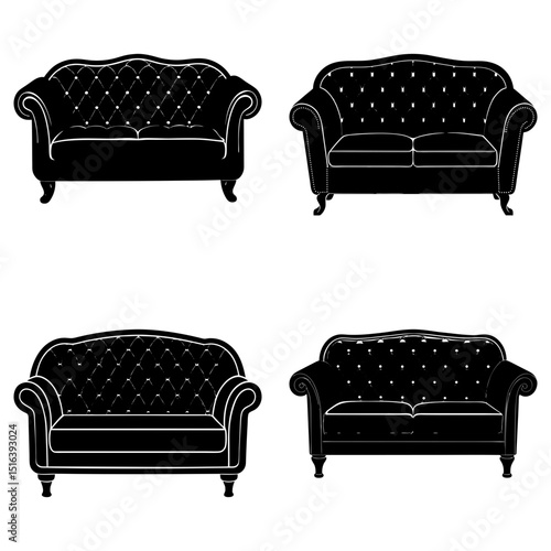 Silhouette illustration of four elegant black sofas with tufted upholstery and curved armrests design