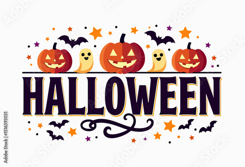 Spooky & Stylish: "HALLOWEEN" Vector Design with Bold Gothic Text, Flat Pumpkins, Bats, and Ghosts - Isolated on a White Background.
