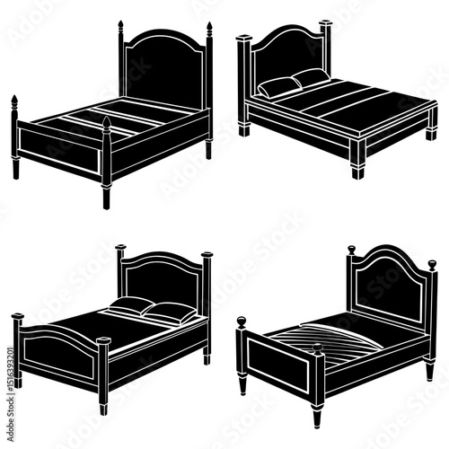 Illustration of four poster beds in varying stages of assembly and with different bedding styles shown