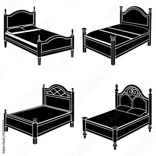 A collection of four different styles of beds displayed in a symmetrical arrangement on a white background
