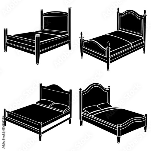 Illustration showing four different styles of beds with headboards in black and white silhouette style