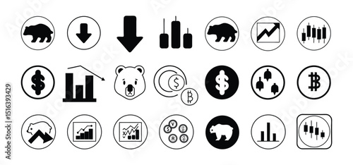 Black and white symbols representing financial markets trends and economic concepts like downturn and bearish activity