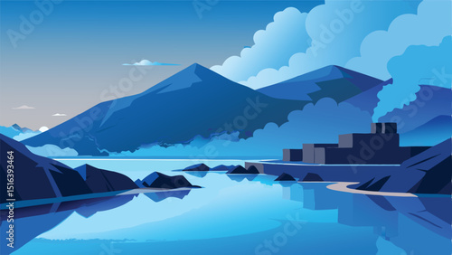 Blue mountain lake landscape scenic view vector art wallpaper