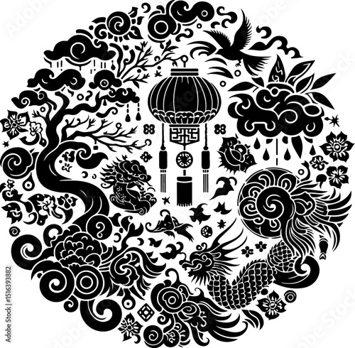 vector illustration sketch silhouette design icon logo symbol decoration mythology ethnic traditional chinese japan