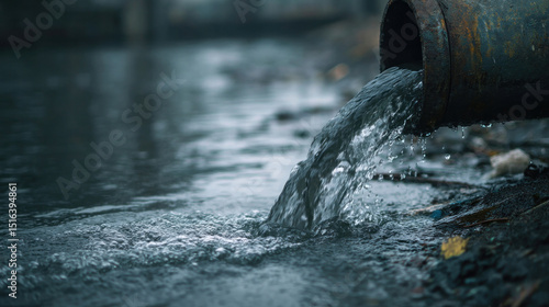 Wallpaper Mural Close-up of water flowing from large steel pipe connected to factory wall, dark murky water and surrounding debris, symbolizing industrial runoff and pollution awareness Torontodigital.ca