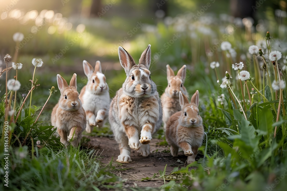 Obraz premium Five adorable baby rabbits hopping through dandelions