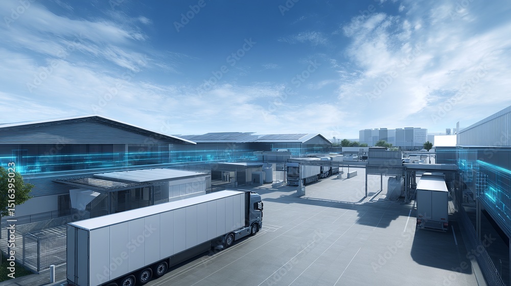 Fototapeta premium A modern logistics center with trucks ready for freight transportation. The clear blue sky creates a calm atmosphere. This scene showcases efficiency and innovation in supply chain. AI