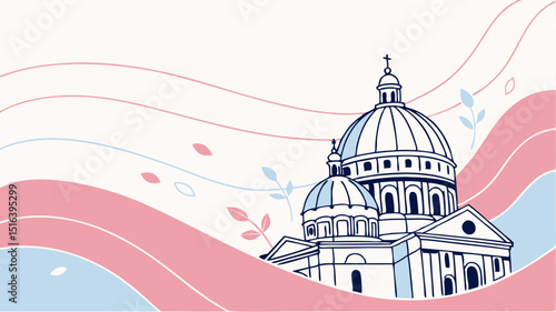 A vector illustration depicts a European cathedral, showcasing its grand architecture with a prominent dome, a significant religious building and landmark often visited for tourism