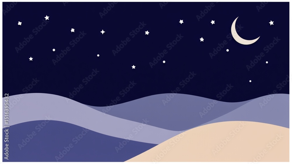 Fototapeta premium Minimal night landscape with crescent moon and stars above rolling hills in calm, peaceful scenery.