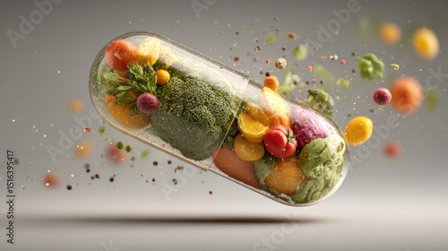 Conceptual supplement capsule made of healthy food elements, floating in clean space with fresh produce inside, fusion of medicine and nature for health branding