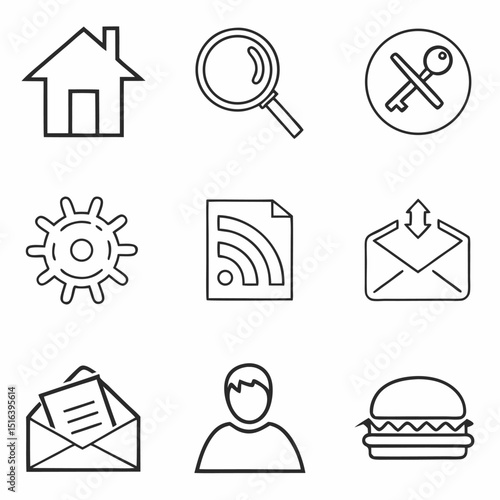 Assortment of Modern Icons: A collection of minimal, black and white line icons perfectly suited for web design, encompassing a diverse range of digital elements.
