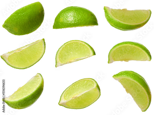 Collection of juicy green lime slices from different angles. Citrus fruit cutouts for food design, set of fresh lime wedges on  isolated background © nndanko