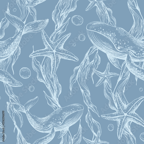 Underwater world clipart with sea animals whale, starfish, bubbles and algae. Graphic illustration hand drawn in white ink. Seamless pattern on a blue background EPS vector