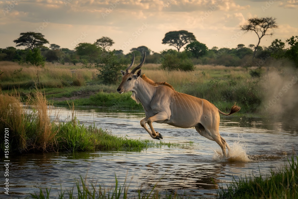 Eland antelope leaping across a river at sunset Eland antelope leaping across a river at sunset