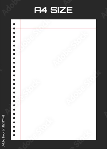 A4 paper sheet displaying red lines and hole punches is isolated on black