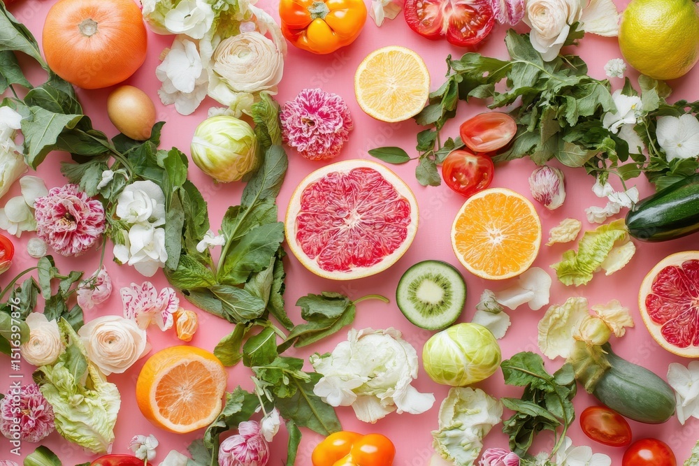 Fresh fruits and vegetables arranged on a pink background with flowers. Showcase healthy eating, vibrant recipes, and natural beauty content. Fresh fruits and vegetables arranged on a pink background with flowers. Showcase healthy eating, vibrant recipes, and natural beauty content.