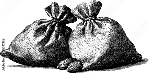 Vintage engraved illustration of almond sacks for rustic food packaging design