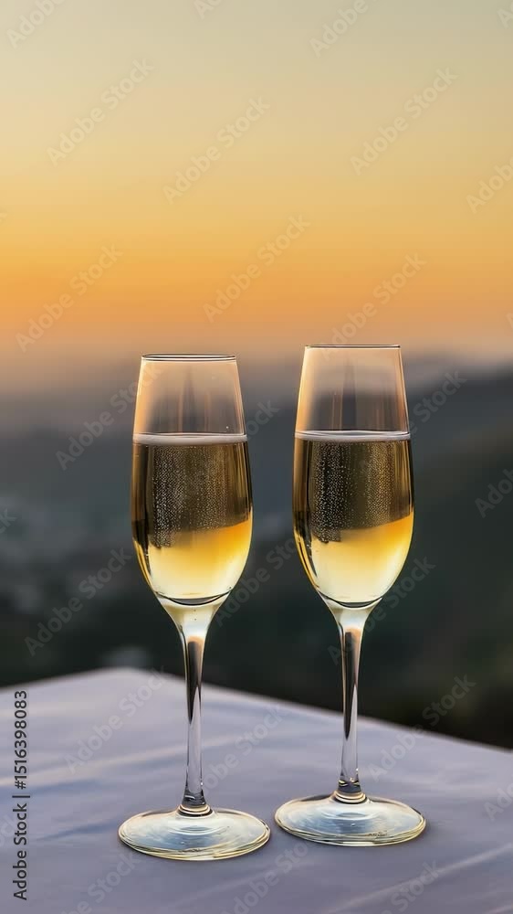 Vertical video Two glasses with champagne on the table against a blurred view Vertical video Two glasses with champagne on the table against a blurred view