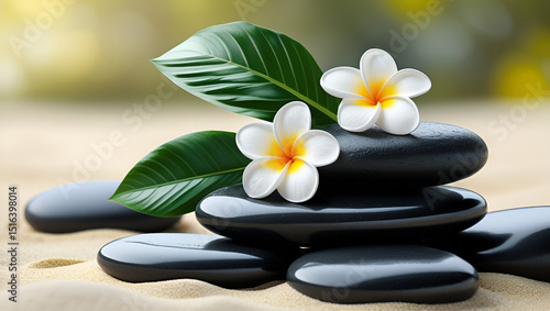 stones and frangipani flower background with copy space, wellness and massage, BodyCare, spa and harmony