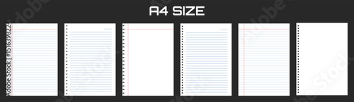 Realistic blank lined paper sheet in A4 format isolated on black background. Notebook or book page. Design template or mockup. Vector illustration