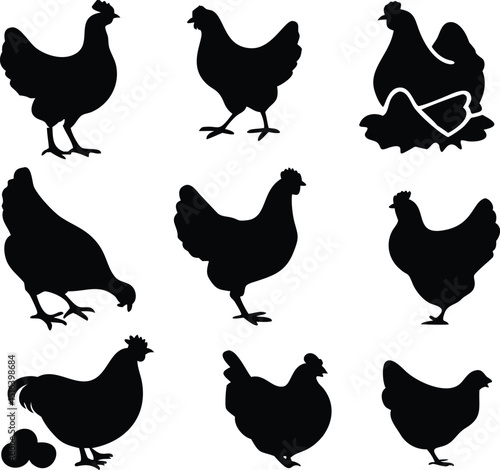 hen chicken icon set. chicken silhouettes, vector Illustration
