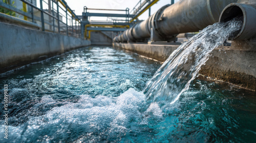 Industrial factory pipe discharging water into outdoor drainage system, visible metal structures and concrete walls, concept of wastewater management and environmental impact