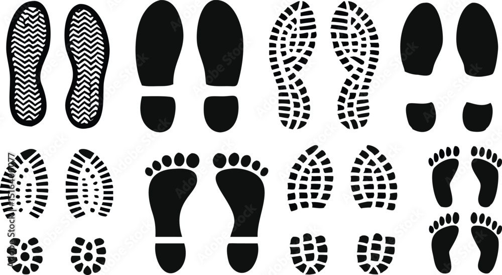 Fototapeta premium different human footprints icon set. boot sole, bare feet, Baby footprint, Vector Illustration