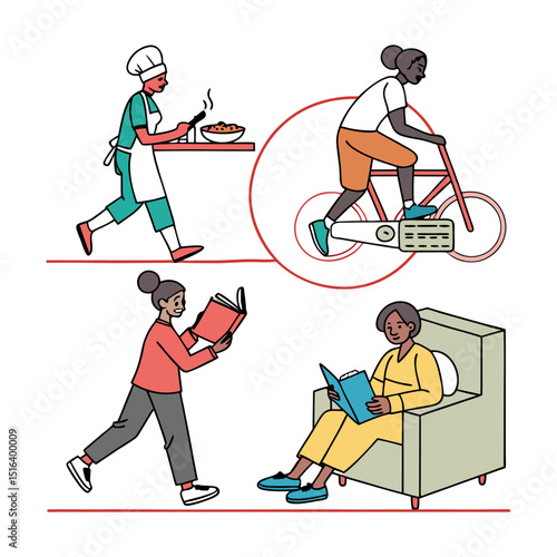 Diverse Women Engaging in Daily Activities Cooking, Cycling, Reading, and Relaxing