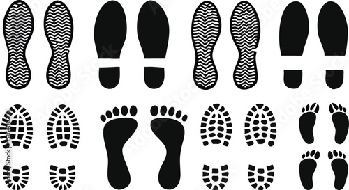 different human footprints icon set. boot sole, bare feet, Baby footprint, Vector Illustration