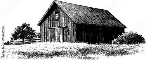 Engraved illustration of rustic barn with bold black lines for design projects