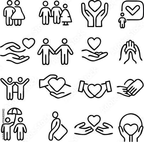 generous and sympathize icon set in thin line style, care, Friendship and love, Mutual understanding and handshake, responsibility, vector illustration