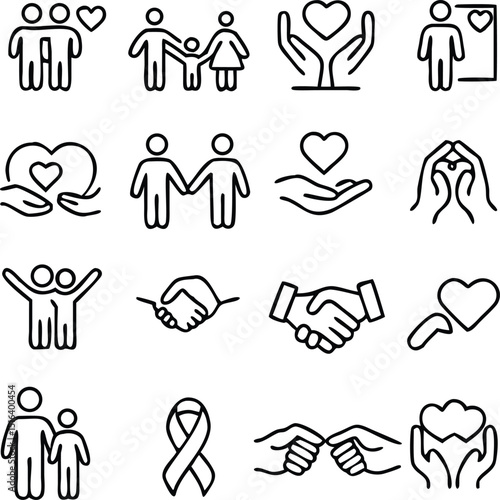 generous and sympathize icon set in thin line style, care, Friendship and love, Mutual understanding and handshake, responsibility, vector illustration