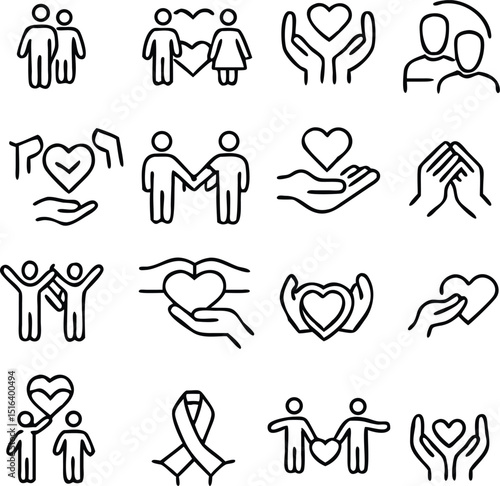 generous and sympathize icon set in thin line style, care, Friendship and love, Mutual understanding and handshake, responsibility, vector illustration