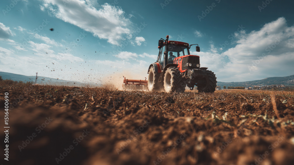 Fototapeta premium Low angle view of red tractor plowing rich soil on sunny day, organic farm landscape under clear blue sky, dust rising as it moves, sustainable agriculture concept