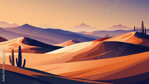 Desert landscape illustration with sand dunes and cactus art