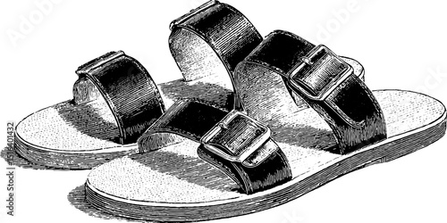 Engraved illustration of beach sandals for summer design and fashion concepts