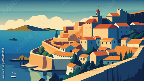 Illustrated coastal town landscape art print travel destination