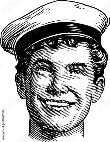 Vintage bellboy illustration with bold black lines for print design