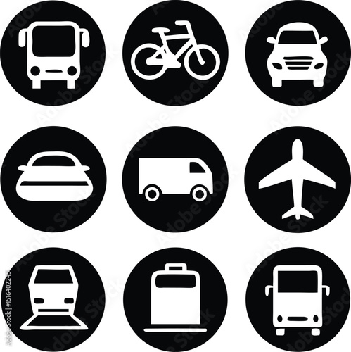 Transportation Icons Collection. Airplane, Public bus, Train, Ship/Ferry and auto signs. Shipping delivery symbol. White on a black background