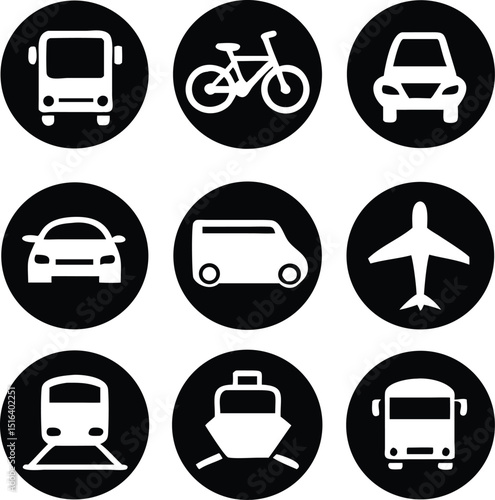 Transportation Icons Collection. Airplane, Public bus, Train, Ship/Ferry and auto signs. Shipping delivery symbol. White on a black background