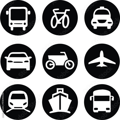 Transportation Icons Collection. Airplane, Public bus, Train, Ship/Ferry and auto signs. Shipping delivery symbol. White on a black background