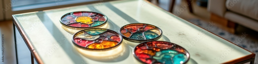 Naklejka premium Colorful stained glass coasters on sunlit table in cozy setting