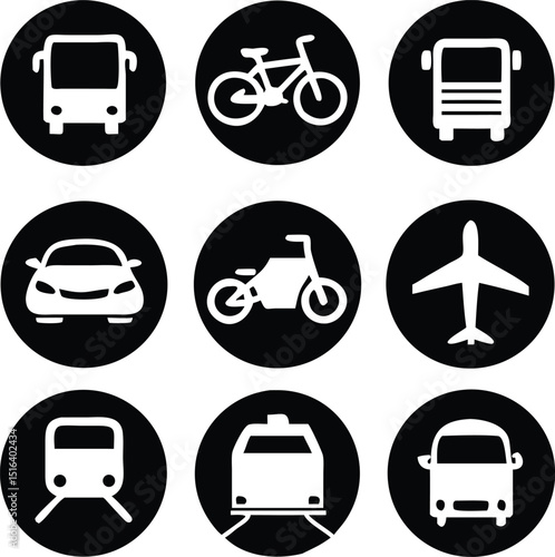 Transportation Icons Collection. Airplane, Public bus, Train, Ship/Ferry and auto signs. Shipping delivery symbol. White on a black background