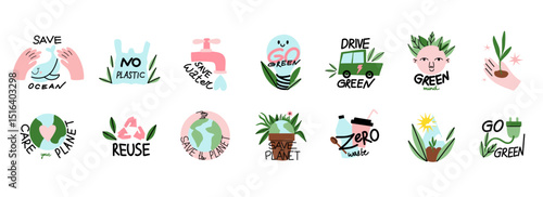 Save planet. Earth environmental care. Icon or sticker collection. green energy, stop pollution, reuse and recycled. Eco friendly, ecology elements. Vector cartoon flat style isolated illustration set