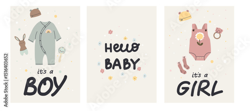 Happy birthday invitation. Card design. Pastel newborn party with clothes and toys. Cute poster or print. Decorative banners. Baby shower. Vector cartoon flat style isolated illustration set