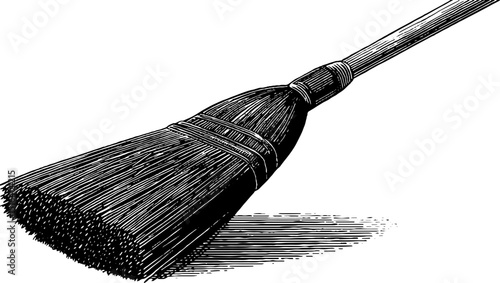 Engraved broom illustration with bold black lines for art and design projects