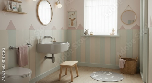 Modern pastel bathroom with sink, mirror, and wall decor  