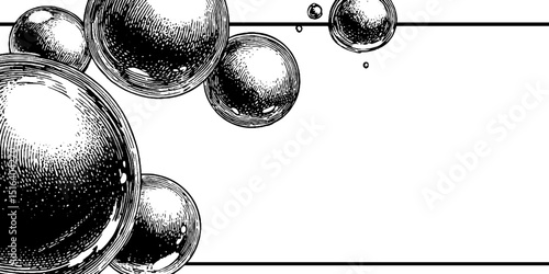 Engraved illustration of vintage bubbles in bold black lines. Detailed monochrome etching with abstract circular pattern, classic linear texture, and ornate retro design for elegant, unique artwork.