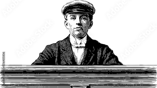Vintage engraving of cash desk operator in uniform for print or card design